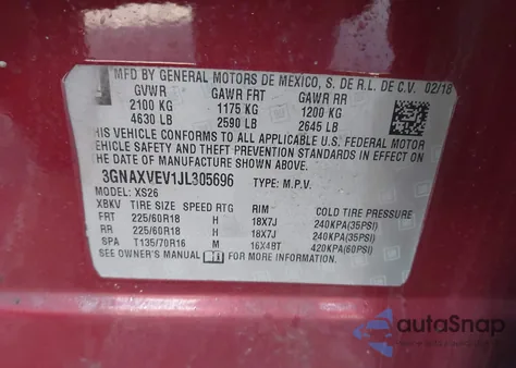 2018 Chevrolet Equinox Premier из США, поврежденный, VIN 3GNAXVEV1JL305696